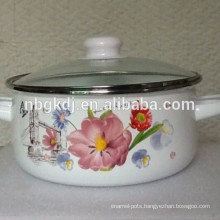 glass lid / flower decals enamel strait pot
  glass lid / flower decals enamel strait pot 